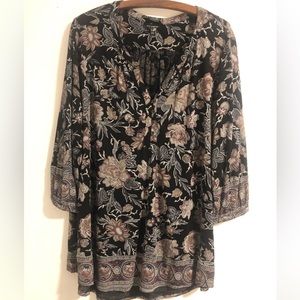 Lucky Brand Black Pink Floral Viscose Split Shirt Top Sz 2X